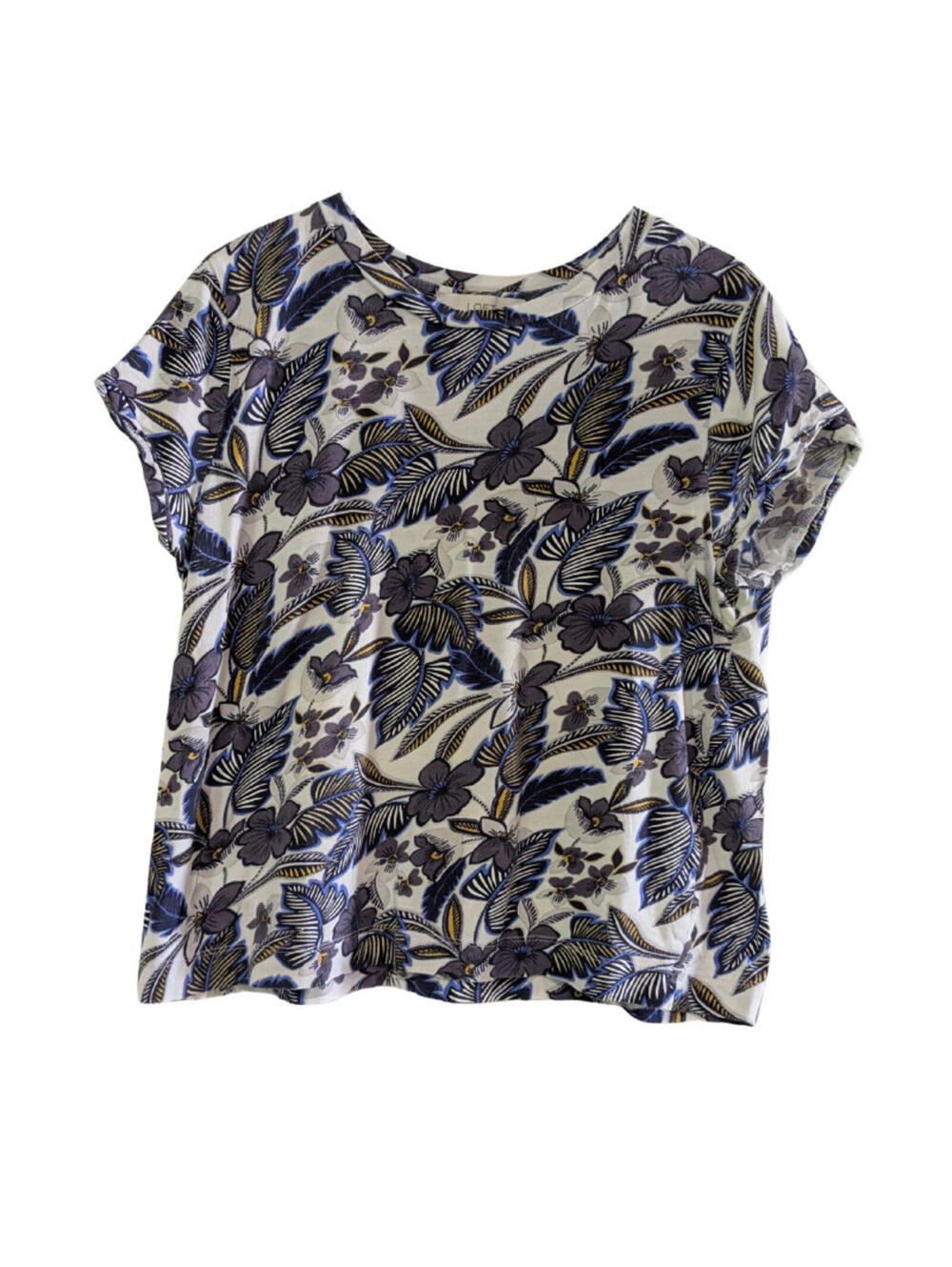 LOFT Women's Floral T-Shirt, Blue Yellow White, Size Large, 100% Cotton